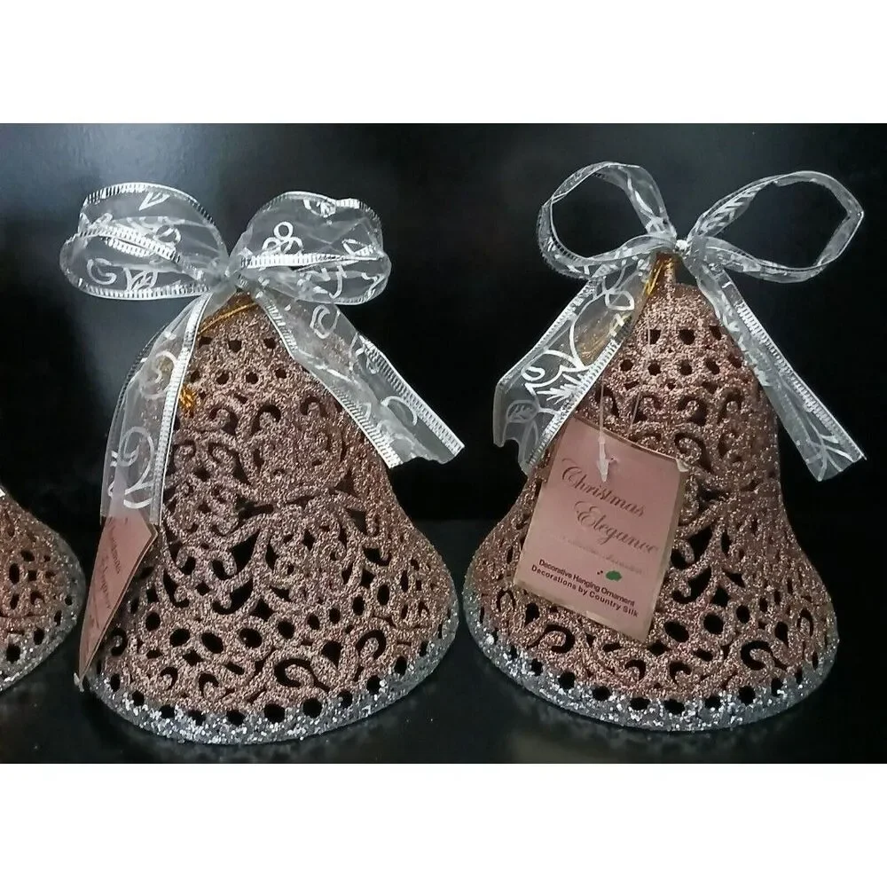 Holiday Hanging Bell Ornament Decorations Set of 4 Plastic Rose Gold/Glitter 6